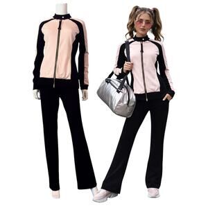 Y2K Neiman Marcus Track Suit Set Size M Pink Black Jacket Flare Pants Barbiecore